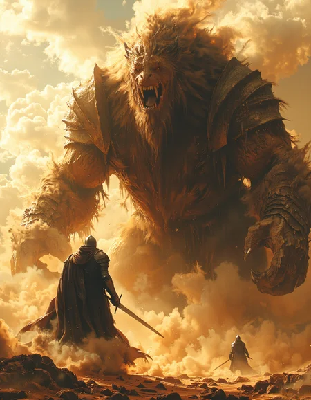 A desert nomad warrior, wrapped in dark, tattered robes, stands beside a hulking, giant armored sand beast creature. view from back view,  The wind whips up sand around them, and the setting sun casts a golden glow over the barren landscape. cinematic style, dramatic lighting, dynamic action pose
masterpiece, oil painting, rough, textural, broad brush strokes, high quality, film grain, hyper detailed, surreal,  <lora:flux_realism_lora:0.7> <lora:fluxenhancer:0.2> <lora:Aura_Flux:0.3>bosstyle <lora:FluxBossBattle:0.9>