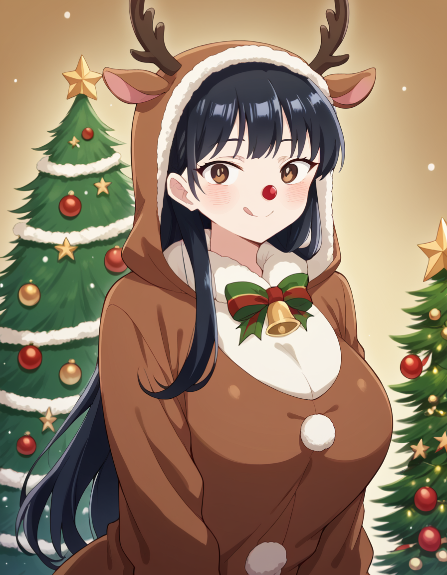 score_9, score_8_up, score_7_up, source_anime, <lora:anna-yamada-s2-ponyxl-lora-nochekaiser:1>, anna yamada, long hair, bangs, black hair, brown eyes, large breasts, <lora:reindeer-costume-ponyxl-lora-nochekaiser:1>, reindeer costume, animal costume, reindeer antlers, antlers, fake antlers, reindeer hood, christmas, red nose, deer ears, deer tail, christmas tree, bell, horns, reindeer,, blush, smile, tongue out, looking at viewer,,