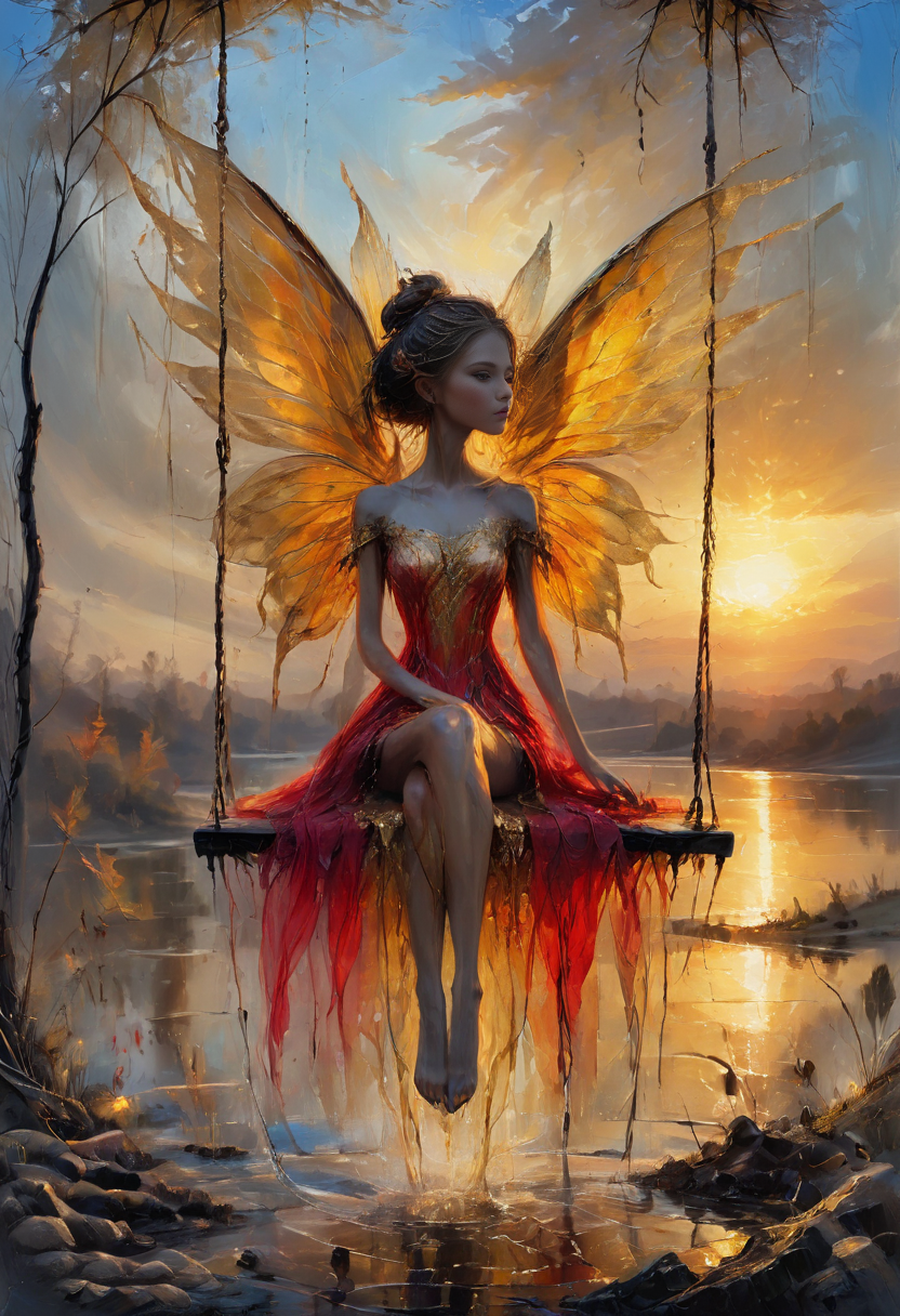 abstract, old oil painting, raw painting strokes, dripping color, This breathtaking image features a seductive fairy princess from front sitting on a swing under the golden hour sunset. Her peaceful expression and red shimmering dress with golden embroidery contrast with her powerful transparent golden fairy wings, creating an atmosphere of otherworldly beauty and grace. The rough paint strokes and textures add depth and character to the artwork, while the detailed matte painting creates a sense of immersion in a fantastical world. The use of gold paint strokes and sunset colors further enhances the overall aesthetic, evoking feelings of magic and enchantment. in background a breathtaking golden sunset above a lake landscape, the main color in the picture is gold, open wild hair, elven ears, fantasy artwork, some blue, open wild hair,
 <lora:we_fairy_r1-000005:1> we_fairy