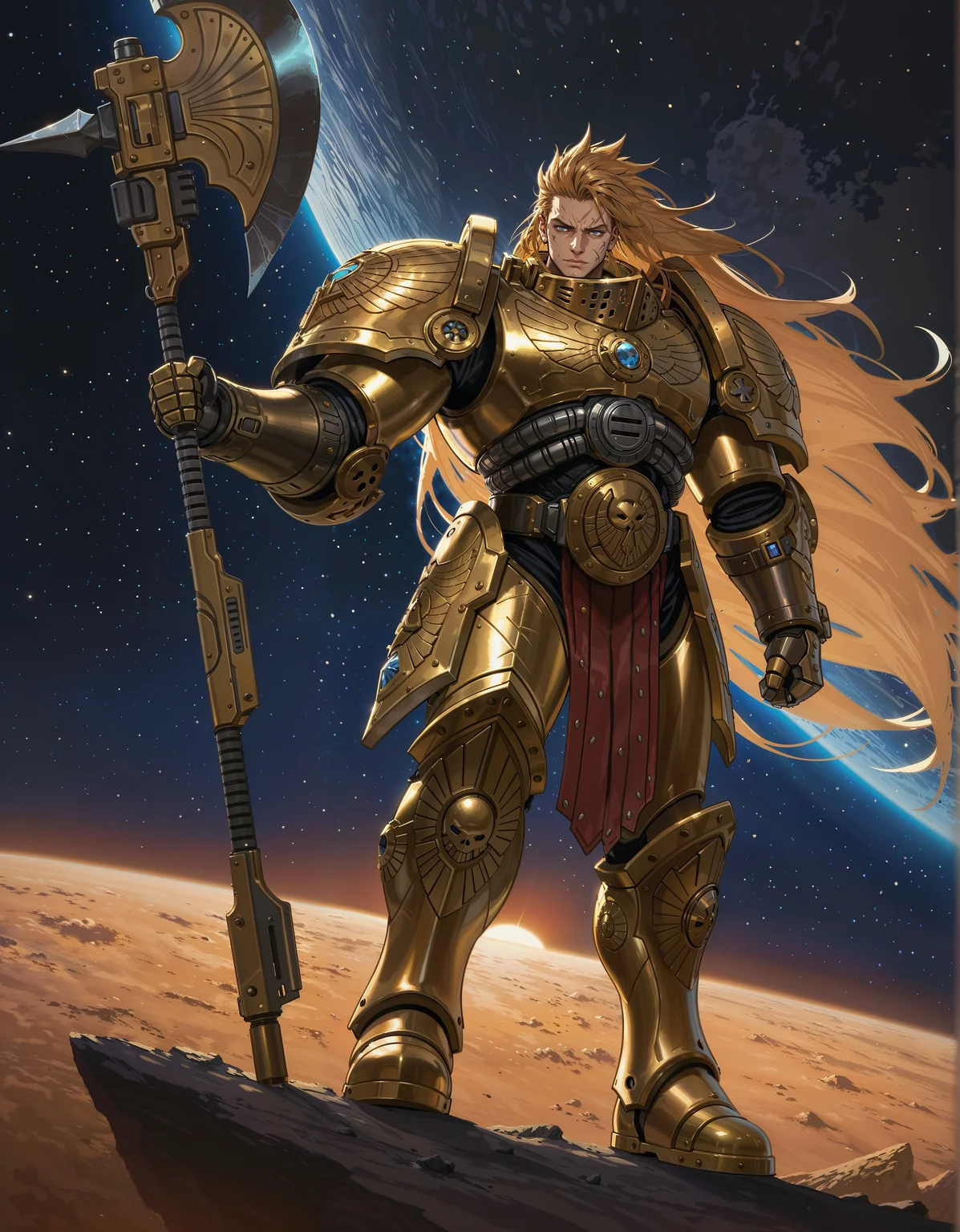 masterpiece, best quality,high quality, newest, highres,8K,HDR,absurdres, iLLCustodes40k, 1boy, spiky hair, very long hair, scars, power armor, golden armor, holding an axe, on the moon, space, blue eyes, <lora:iLLCustodes40k:1>