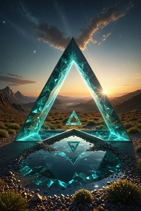 In the (heart) of an ethereal landscape, a triangular portal integrating with the serene surroundings of a celestial realm. The mystical air and twilight rays penetrating the glassy surface, crafting a hypnotic display of illumination and shadow. deep focus, simple illustration, some silver details, Wonder, Twilight,
 <lora:RadiationMorph:0.75> IrradiateMorph,  
(settingsbyaidma:0.01) <lora:aidma-Image Upgrader-v0.1:0.385>
