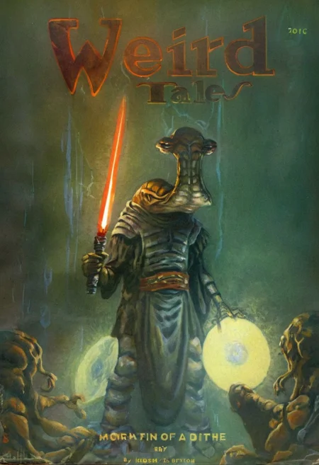 (Weird Tales pulp magazine cover of an ithorian hammerhead alien), dynamic, moody, darkness, shadows, dark, sinister, pitch black, highly detailed, shining white armor, holding long brilliant glowing light saber, digital painting, artstation, concept art, smooth, sharp focus, illustration, art by Carne Griffiths and Wadim Kashin, dark black colors, good shadows, dim lit, devoid of color, low light, back light, hidden, obscured, black hue in hair, mirrors, prisms, reflection, refraction, prismatic, monolith, obsidian, bright red god rays, sun circle