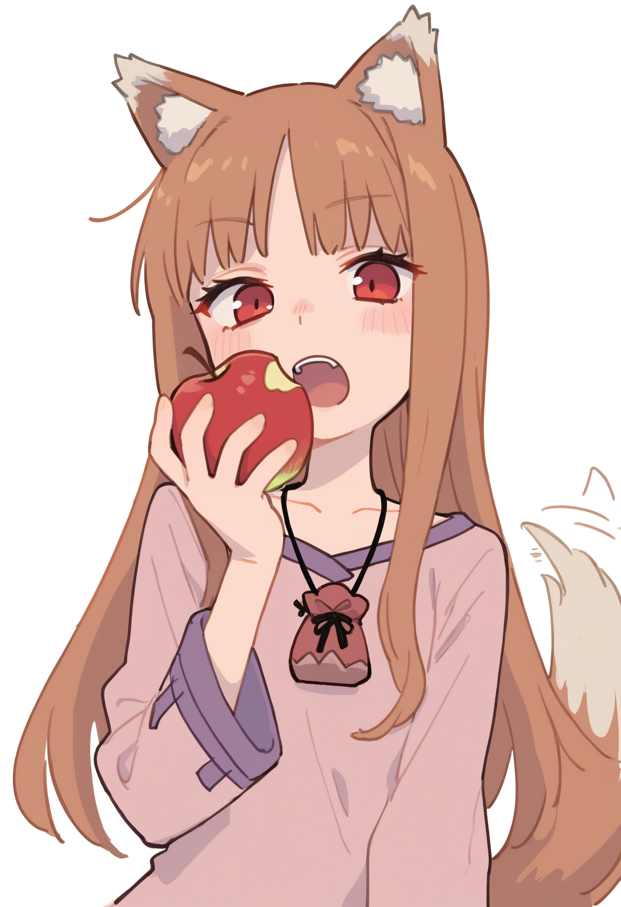 holo, 1girl, animal ear fluff, animal ears, apple, blush, brown hair, collarbone, eyelashes, food, fruit, hand up, holding, holding food, holding fruit, jewelry, long hair, long sleeves, necklace, parted bangs, pink shirt, purple trim, red eyes, shirt, simple background, solo, tail, tail raised, teeth, upper teeth only, white background, wolf ears, wolf girl, wolf tail, tail wiggle, upper body, 
, masterpiece, best quality, good quality,
<lora:firedotinc_noob-vpred1.0_prodigy-schedulefree_edm2_v4:1>