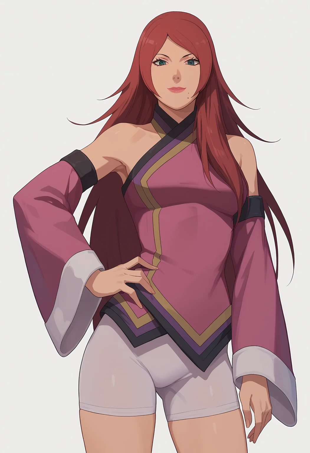 score_9, score_8_up, score_7_up,
fuka, 1girl, solo, looking at viewer, detached sleeves, bare shoulders, pink japanese clothes, breasts, bike shorts, lipstick, breasts,mole under mouth,
hand on hip,
smile, closed mouth,
simple background, white background,
<lora:Naruto_Fuka_v2_PXL-000017:1>