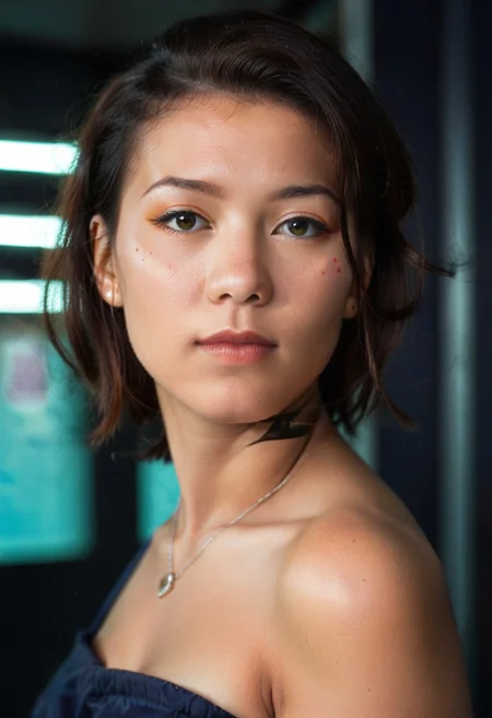 score_9, score_8, score_7_up,BREAK,portrait, 3/4 view, realistic, analog photo, beautiful and aesthetic,BREAK, 1 female, solo, latina, asian, latina-asian mix, blasian,{round|oval|square|heart-shaped|diamond|oblong|inverted triangle} face shape, pinup pose, neon lighting, cyberpunk city background, stunning lighting, dramatic lighting