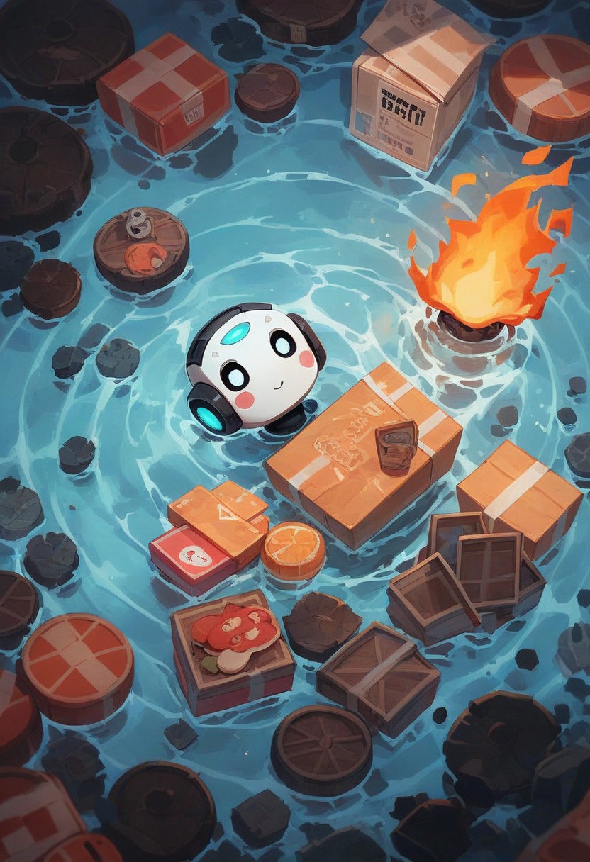score_9, score_8_up, score_7_up, a cute and funny looking humanoid robot, panic and on fire trying to fix a box TV, the room is under water, panic facial expression, funny image