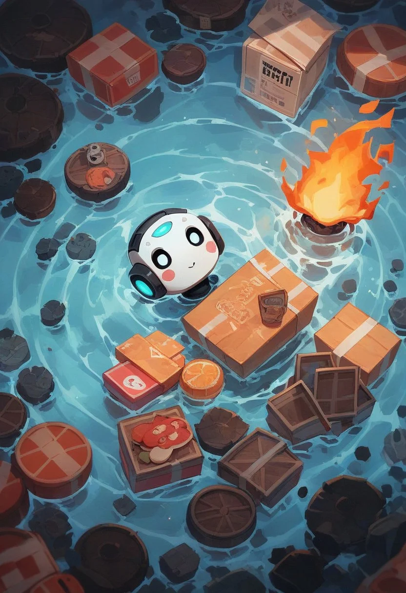 score_9, score_8_up, score_7_up, a cute and funny looking humanoid robot, panic and on fire trying to fix a box TV, the room is under water, panic facial expression, funny image