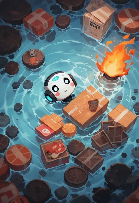 score_9, score_8_up, score_7_up, a cute and funny looking humanoid robot, panic and on fire trying to fix a box TV, the room is under water, panic facial expression, funny image