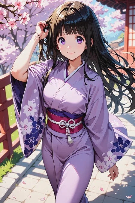 score_9, score_8_up, score_7_up, score_6_up, score_ANIME, BREAK,
ceiiai chitanda eru, (perspective),
1girl, solo, black hair, smile, closed mouth, blunt bangs, purple eyes, long hair,
purple kimono, japanese clothes, floral print, long kimono, walking, from above, adjusting hair, floating hair,
cowboy shot, looking to the side,
cherry blossoms,
<lora:eru01-e10:1>