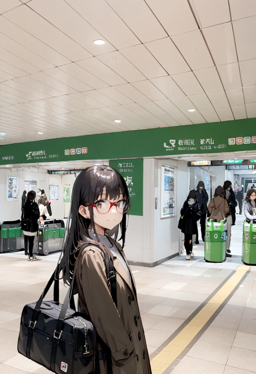 1girl, solo, glasses, black hair, long hair, duffle coat, black bag, smile, looking at viewer, solo focus,
higashikaisatsu, shinjuku, entrance, scenery, indoors, real world location
masterpiece, best quality,  <lora:shinjuku_higashiguchi_SDXL_V1:0.8>