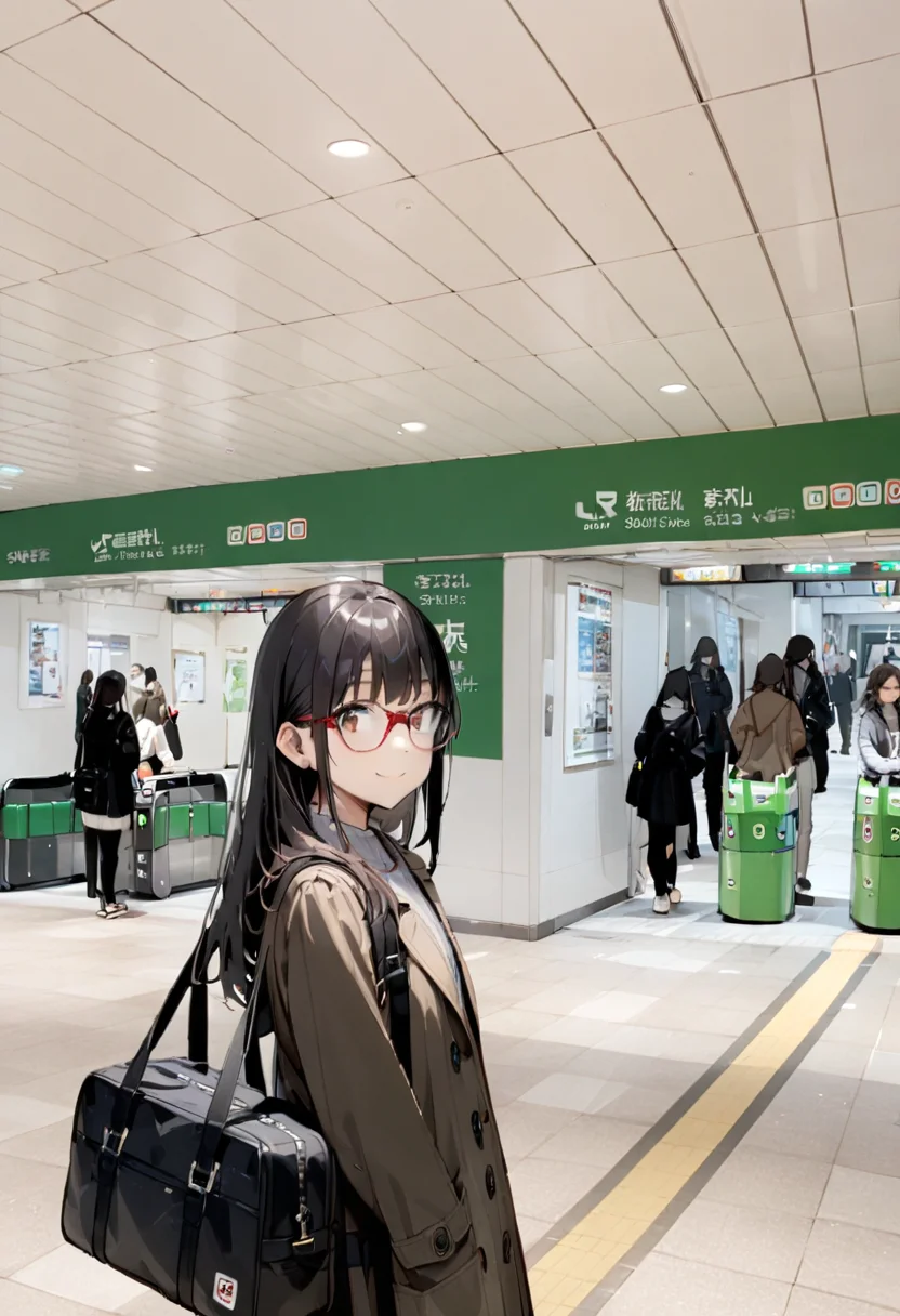 1girl, solo, glasses, black hair, long hair, duffle coat, black bag, smile, looking at viewer, solo focus,
higashikaisatsu, shinjuku, entrance, scenery, indoors, real world location
masterpiece, best quality, <lora:shinjuku_higashiguchi_SDXL_V1:0.8>