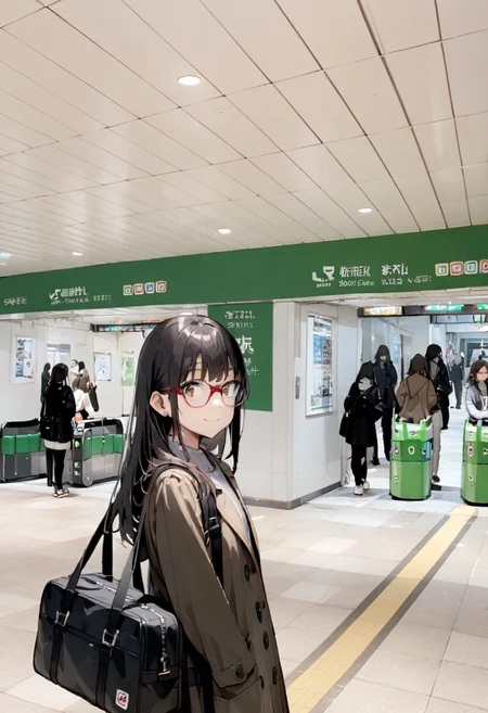 1girl, solo, glasses, black hair, long hair, duffle coat, black bag, smile, looking at viewer, solo focus,
higashikaisatsu, shinjuku, entrance, scenery, indoors, real world location
masterpiece, best quality,  <lora:shinjuku_higashiguchi_SDXL_V1:0.8>