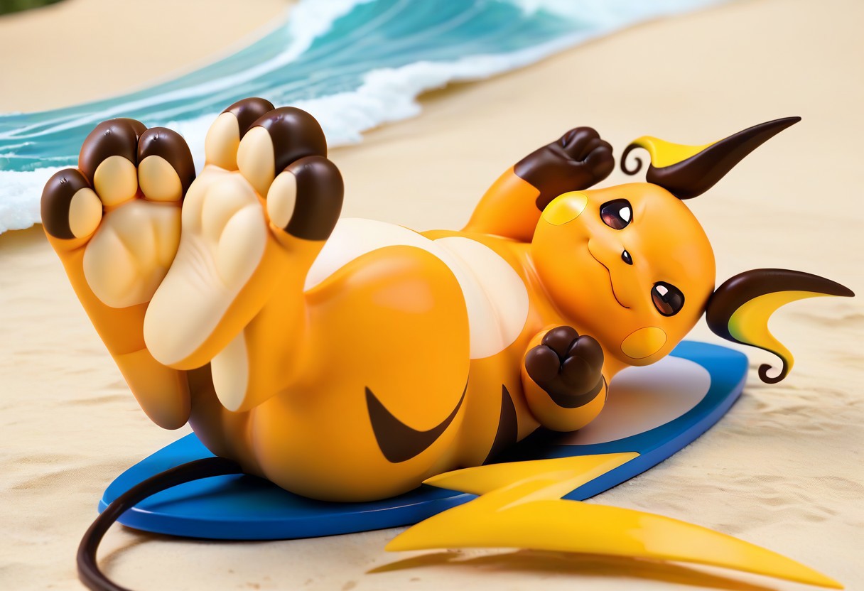 score_9, score_7_up, source_furry, rating_safe, solo,  <lora:POKEMON_RAICHU_r1:1> raichu, pokemon, brown toes, brown feet, tan soles, pokemon (creature), 3 toes, foot focus, feet style, foot style, water, surfing, feet on surfboard, wet on feet, close-up