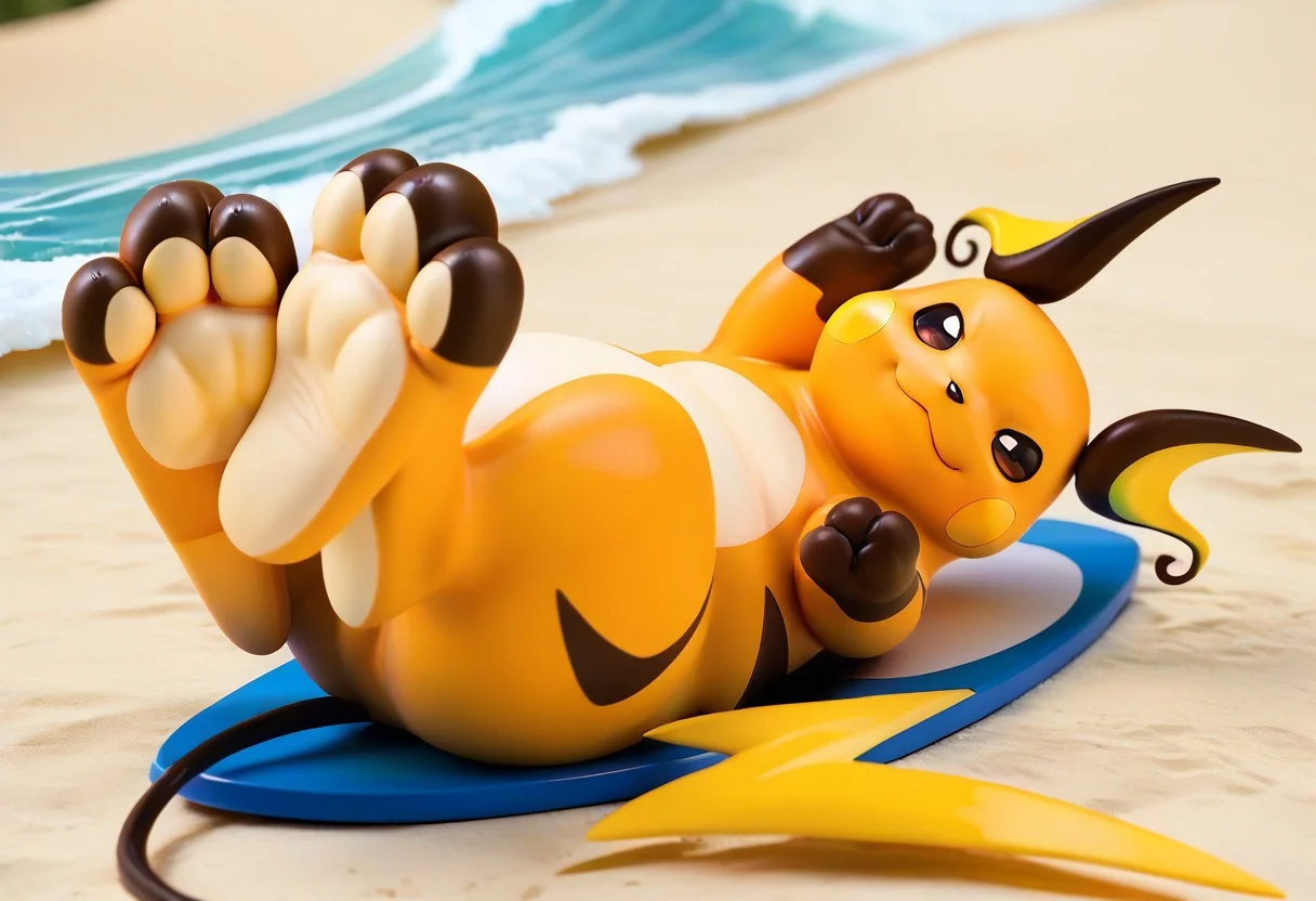 score_9, score_7_up, source_furry, rating_safe, solo, <lora:POKEMON_RAICHU_r1:1> raichu, pokemon, brown toes, brown feet, tan soles, pokemon (creature), 3 toes, foot focus, feet style, foot style, water, surfing, feet on surfboard, wet on feet, close-up