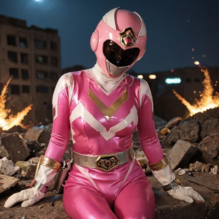 20yo, score_9, score_8_up, score_7_up, shiny oild skin,
sentaisaintforce, pink bodysuit, silver belt, white gloves, spandex, wing-shaped chest symbol, medium breasts, helmet removed, no headwear,
city ruin, rubble, sitting, night, explosion,
<lora:Saint_Force:0.8>