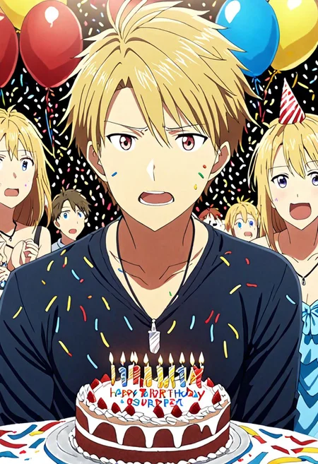 high resolution, solo, best quality, 1Boy, Yamato Ishida, Blond Hair, Necklace, surprisde, birthday surprise, birthday cake, birthday party, OverallDetail