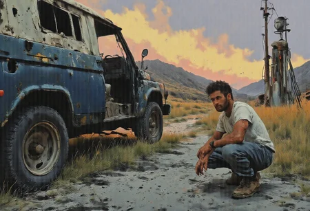 A figure dressed in a pair of faded blue jeans and a white t-shirt with grease smudges, hunched beside a dusty, navy blue subaru hatchback parked at an abandoned gas station. The person's hand is gripping the door handle, which has been pushed down, revealing a cracked, rusty interior. The sun is setting low in the background, casting a warm orange light that illuminates half of the tcar and the figure's profile. The back left tire is in the foreground, appearing flat with a tire iron lying next to it. The figure's gaze is intense and focused on the tire, as if contemplating the best moment to start the repair. The scene is filled with a sense of anticipation and quiet urgency. The deserted surroundings are peppered with tall, weedy grass and a few old gas pumps that haven't seen use in decades. The cracked asphalt under the truck is baked by the day's heat and the sky is a canvas of pastel hues transitioning from light blue to deep purple. A sense of solitude is palpable, with the distant silhouette of a mountain range providing the only company to the solitary figure and their broken-down vehicle. The image captures a moment of resilience and readiness, where the protagonist awaits the perfect opportunity to tackle the problem at hand.