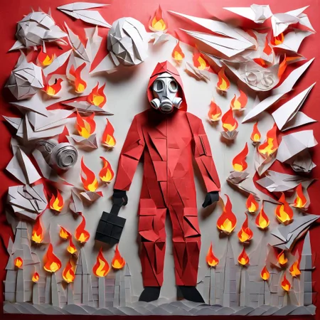 Origami, paper craft, A paper man in a red paper flameproof suit and gas mask holding a flamethrower ((surrounded by real photorealistic flames)), everything is covered in typewritten text, Layered PaperCutout style <lora:sdxl-PaperCutouts-Dreambooh:1>, Very detailed, clean, high quality, sharp image