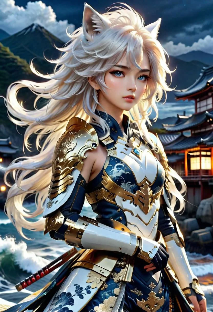 ultra detailed      Masterpiece  8k   ,white fox girl  (white hair ),.Samurai  complex armor	Multi-layered and large shoulder armor  luster shine  Multilevel  	 black gold 08.02, (beautiful  face)++ 	holdingshe long katanagQkcYR	
Hokusai's Japanese depiction of a very turbulent sea with massive waves. The background s shows a beautiful dark night over a illuminated village. The colors are red and yellow
