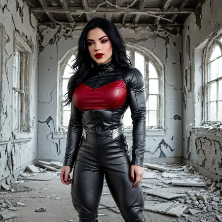 Medium shot, ultra realistic, 4k, UHD, 1girl, bodybuilder girl:1.2, black wavy hair:1.4, red eyes:1.3, massive muscular chest:1.3, tiny waist:1.2, muscular quads:1.4.
In the ruins of an abandoned asylum, where the air was heavy with despair and madness, she strode through crumbling walls and shattered glass. Her outfit, a tight-fitting bodysuit of dark leather adorned with intricate silver patterns, clung to her powerful form, showcasing her massive chest and tiny waist. Faded photographs of tortured souls lined the walls, and whispers of long-forgotten screams echoed through the halls. With her crimson eyes alight with determination, she searched for the twisted doctor whose experiments had condemned so many, prepared to enact her dark justice in the eerie silence.