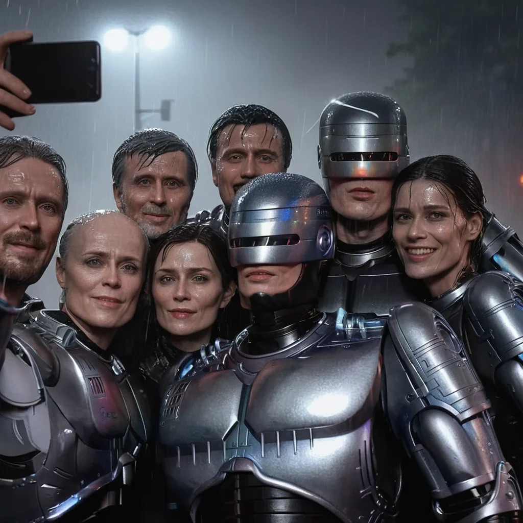 award winning group selfie, ocprobocop, rain, fog, gloom, wet, chroma, rim lighting, volumetric, 8k resolution, trending on artstation <lora:hjocprobocop_v10xl:1>