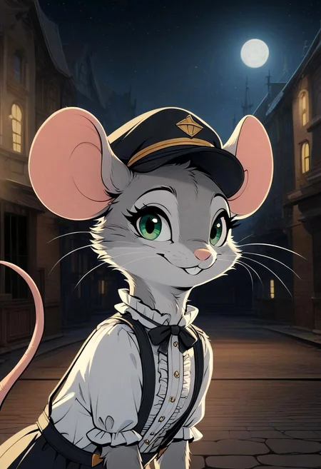 score_9, score_8_up, score_7_up, score_6_up, score_5_up, score_4_up,
[][][][][]
(((mouse))), (feral), furry, female, solo, (fluffy:0.8), (fluffy cheeks:0.4), cute, 
[][][][][]
(frilly shirt, suspenders, black flat cap), grey fur, grey ears, green eyes, 
[][][][][]
flat color, in the style of Beatrix Potter,
[][][][][]
cel-shading, backlit, (cool color pallet), (head and shoulder portrait, head focus, close up:1.6), (side view), look at viewer, detailed fur,
[][][][][]
outdoors, standing, night sky, smile, village,
