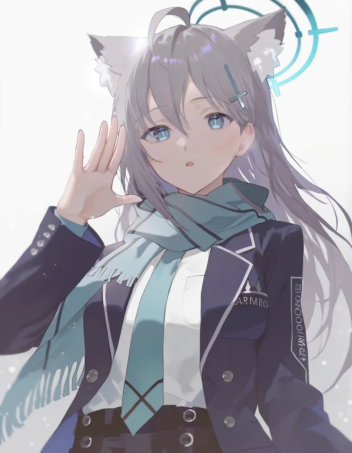 shiroko \(blue archive\), 1girl, beckoning, solo, upper body, scarf, jacket, blue halo, perspective, looking at viewer, backlighting, light particles, white background, beautiful color, detailed, amazing quality, <lora:fajyobore-000004:1>