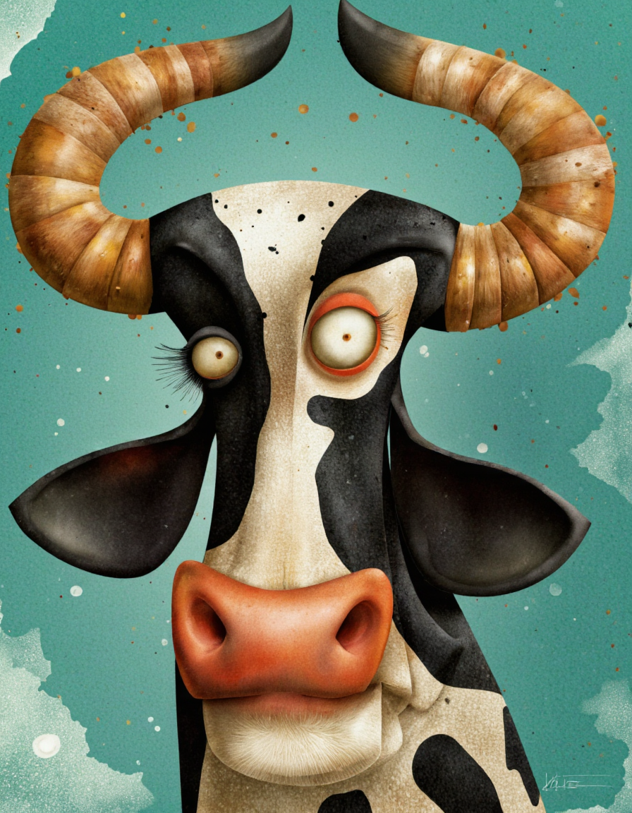 Art by Jean-Baptiste Vendamme. A digital illustration shoot from a portrait camera angle about a cartoon cow with a surprised expression, featuring exaggerated features and expressive features. the image also shows a close-up of the cow's face, showcasing its large, expressive eyes and long, curved horns. on the middle of the image, the cow appears to be looking directly at the viewer with a wide, expressive smile. the cow has a black and white coat with black spots, and its nose is orange. the background is a teal-colored, textured surface with splashes of paint, giving the image a whimsical, cartoonish feel.
