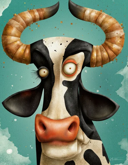 Art by Jean-Baptiste Vendamme. A digital illustration shoot from a portrait camera angle about a cartoon cow with a surprised expression, featuring exaggerated features and expressive features. the image also shows a close-up of the cow's face, showcasing its large, expressive eyes and long, curved horns. on the middle of the image, the cow appears to be looking directly at the viewer with a wide, expressive smile. the cow has a black and white coat with black spots, and its nose is orange. the background is a teal-colored, textured surface with splashes of paint, giving the image a whimsical, cartoonish feel.