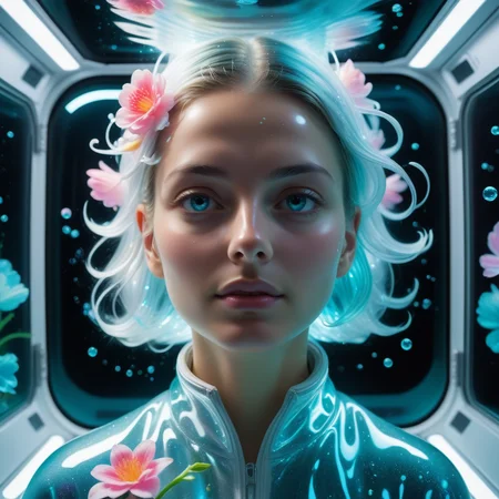 Portrait, Flemish (made out of jed-bwtrspkl:1.2) , inside a Space station, soft focus, capturing the tranquility and beauty of everyday life, futuristic, Installation art, energetic brushwork, floral still lifes, surrealism, masterpiece, full of details, sharp and in focus, <lora:BioWaterSparkleStyle:0.7>, winning, ambient, perfect background, vivid colors, very inspirational, unique