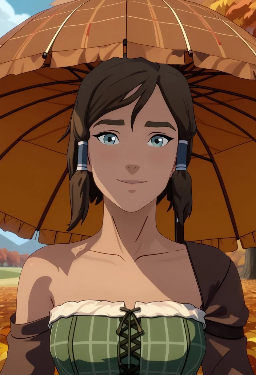 Score_9, Score_8, Score_7, TDPStyle, Korra, hair tubes, 1girl, perfect face, looking at viewer, adult, sexy,
bob cut, inverted bob, plaid clothes, plaid dress, brown dress, green dress, strapless dress,
umbrella, brown frilled umbrella,
autumn, autumn leaves,
blush, shy smile,
portrait, face focus, detailed face,