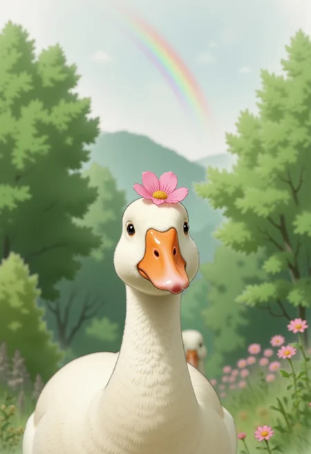 A charming and lighthearted photograph of a white duck with a single pink flower placed upside down on its head, as if it were a playful accessory. The duck's creamy-white feathers are soft and slightly textured, and its bright orange beak adds a cheerful contrast to its overall appearance. The duck gazes curiously at the camera, its expression both gentle and inquisitive.
The background features a lush green outdoor setting with trees and bushes in soft focus, creating a natural and serene atmosphere. A faint but vibrant rainbow arcs across the cloudy sky, adding a whimsical and magical element to the scene. The lighting is natural and diffused, enhancing the vibrant colors of the duck, the pink flower, and the greenery.
The photograph captures a delightful moment that conveys warmth, playfulness, and a connection to nature, with a focus on the unique detail of the upside-down pink flower on the duck’s head. The scene evokes a sense of joy and lighthearted humor, set against a peaceful natural backdrop.