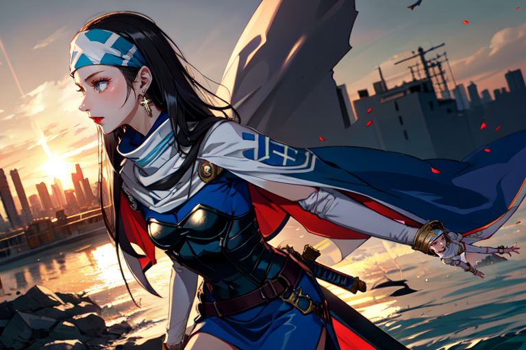 highly insanely detailed, masterpiece, top quality, best quality, highres, 4k, 8k, RAW photo, (very aesthetic, beautiful and aesthetic),  
beth_\(megami_tensei\),bethsmtii,shin megami tensei ii,long hair,black hair,straight hair,sleek black,jewelry,cross,headband,red_lipstick,white cape,cape_with_messian_symbol,Religious_cape,messian_symbol_cape,holy_knight_cape,messian_cross_earrings,cross_earrings,religious_earrings,messian_symbol_jewelry,bandana_with_messian_symbol,Religious_bandana,symbol_headband,messian_church_bandana,katana,sword,Tokyo_Millennium,post-apocalyptic_city,dystopian_world,Valhalla,gladiator_tournaments,Order_of_Messiah,Religious_order,messianic_cult,divine_rulers,Millennium_News_Network,City_news,propaganda_broadcasts,information_contro,Great_Cataclysm,World_ending_event,apocalyptic_disaster,city_rebirt, 
<lora:zs_Beth:0.6>, 
(1girl:1.3), 1other, 
(in river),splash,splashing,(sun flare,lens flare,sunset background,low horizon),backlighting,olive green background,âââ