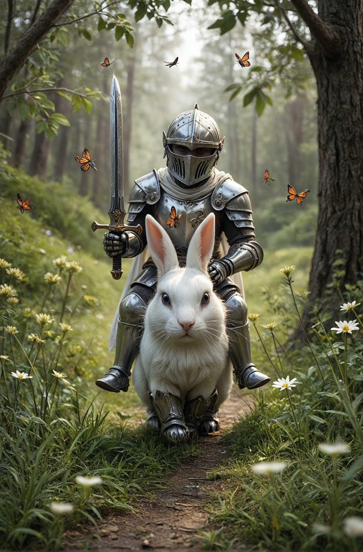 masterpiece, best quality, amazing quality
,holding, sitting, full_body, flower, weapon, outdoors, boots, day, sword, holding_weapon, blurry, cape, armor, tree, blurry_background, depth_of_field, animal, holding_sword, grass, helmet, bug, shoulder_armor, 1other, butterfly, gauntlets, nature, forest, pauldrons, rabbit, breastplate, armored_boots, riding, greaves, faulds, knight, full_armor,A photo-realistic shoot from a front camera angle about a knight in full armor holding a sword and standing next to a fluffy white rabbit in a lush, green forest. the image also shows a serene and peaceful atmosphere, with a soft focus on the knight and the rabbit. on the middle of the image, a 1boy, who appears to be a knight, full body, wearing a helmet, breastplate, gauntlets, and boots, is walking on a path with a sword in hand. the knight is facing the viewer, and his eyes are looking directly at the viewer. he is wearing full armor, including a helmet with a visor, and gauntlets on his hands. the rabbit is standing on its hind legs, with its front paws resting on the ground. the background features a dense forest with trees and flowers, and a few butterflies fluttering around, adding a touch of whimsy to the scene.
solo, holding, blue eyes, standing, male focus, outdoors, boots, holding weapon, blurry, tree, armor, holding sword, animal, bug, nature, grass, knight, animal focus, bug on face