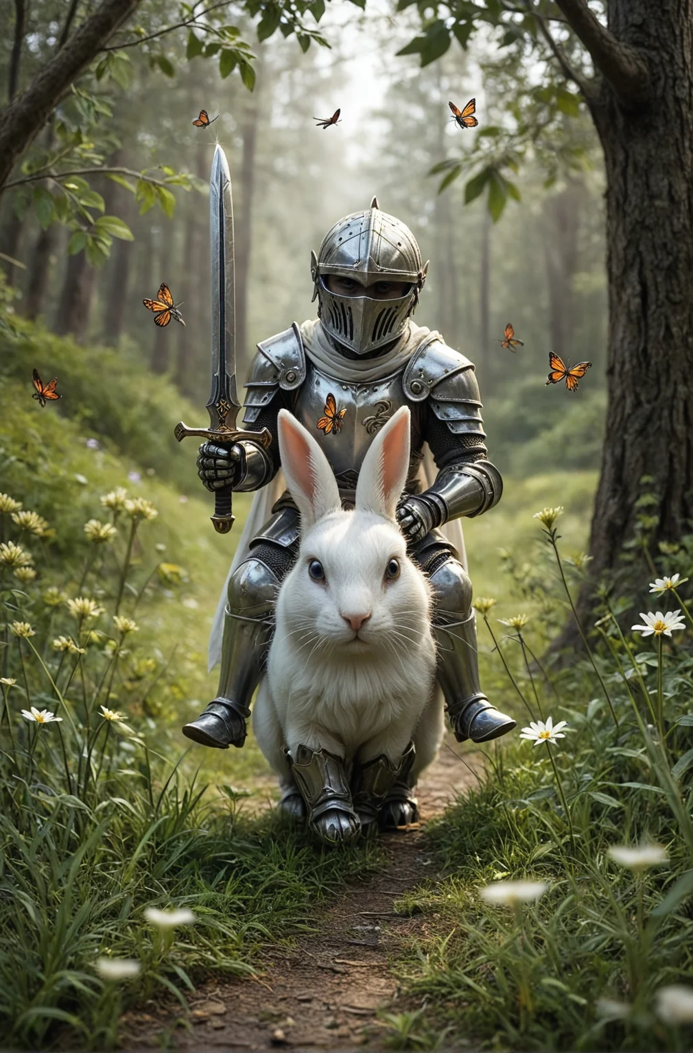 masterpiece, best quality, amazing quality
,holding, sitting, full_body, flower, weapon, outdoors, boots, day, sword, holding_weapon, blurry, cape, armor, tree, blurry_background, depth_of_field, animal, holding_sword, grass, helmet, bug, shoulder_armor, 1other, butterfly, gauntlets, nature, forest, pauldrons, rabbit, breastplate, armored_boots, riding, greaves, faulds, knight, full_armor,A photo-realistic shoot from a front camera angle about a knight in full armor holding a sword and standing next to a fluffy white rabbit in a lush, green forest. the image also shows a serene and peaceful atmosphere, with a soft focus on the knight and the rabbit. on the middle of the image, a 1boy, who appears to be a knight, full body, wearing a helmet, breastplate, gauntlets, and boots, is walking on a path with a sword in hand. the knight is facing the viewer, and his eyes are looking directly at the viewer. he is wearing full armor, including a helmet with a visor, and gauntlets on his hands. the rabbit is standing on its hind legs, with its front paws resting on the ground. the background features a dense forest with trees and flowers, and a few butterflies fluttering around, adding a touch of whimsy to the scene.
solo, holding, blue eyes, standing, male focus, outdoors, boots, holding weapon, blurry, tree, armor, holding sword, animal, bug, nature, grass, knight, animal focus, bug on face