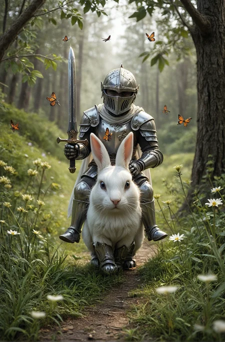 masterpiece, best quality, amazing quality
,holding, sitting, full_body, flower, weapon, outdoors, boots, day, sword, holding_weapon, blurry, cape, armor, tree, blurry_background, depth_of_field, animal, holding_sword, grass, helmet, bug, shoulder_armor, 1other, butterfly, gauntlets, nature, forest, pauldrons, rabbit, breastplate, armored_boots, riding, greaves, faulds, knight, full_armor,A photo-realistic shoot from a front camera angle about a knight in full armor holding a sword and standing next to a fluffy white rabbit in a lush, green forest. the image also shows a serene and peaceful atmosphere, with a soft focus on the knight and the rabbit. on the middle of the image, a 1boy, who appears to be a knight, full body, wearing a helmet, breastplate, gauntlets, and boots, is walking on a path with a sword in hand. the knight is facing the viewer, and his eyes are looking directly at the viewer. he is wearing full armor, including a helmet with a visor, and gauntlets on his hands. the rabbit is standing on its hind legs, with its front paws resting on the ground. the background features a dense forest with trees and flowers, and a few butterflies fluttering around, adding a touch of whimsy to the scene.
solo, holding, blue eyes, standing, male focus, outdoors, boots, holding weapon, blurry, tree, armor, holding sword, animal, bug, nature, grass, knight, animal focus, bug on face
