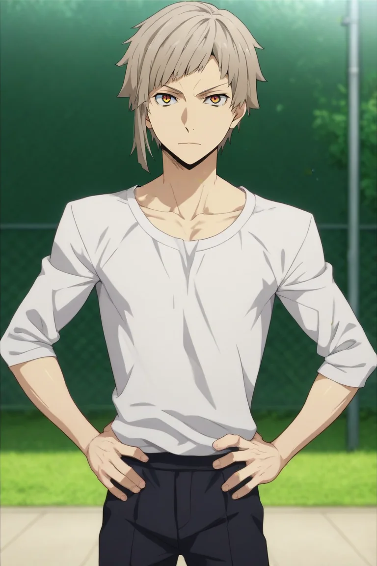 score_9, score_8_up, score_7_up, source_anime, semi-realistic, looking at viewer, upper body, depth of field, 1boy, solo, male focus, <lora:atsushi_nakajima_pony:0.74>, atsushi_nakajima, , , , Standing tall, hands on hips, looking confident, <lora:sdxl_lightning_8step_lora:1>