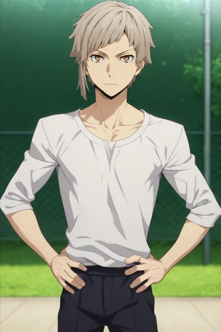 score_9, score_8_up, score_7_up, source_anime, semi-realistic, looking at viewer, upper body, depth of field, 1boy, solo, male focus, <lora:atsushi_nakajima_pony:0.74>, atsushi_nakajima, , , , Standing tall, hands on hips, looking confident, <lora:sdxl_lightning_8step_lora:1>