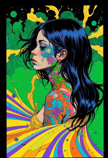 This vibrant, psypop-inspired digital artwork in Mangaka style showcases a person with long, straight black hair and pale skin, depicted in a striking side profile. Their face is adorned with intricate, psychedelic tattoos, including a glowing blue floral design on the left cheek and a swirling multicolored motif on the right, extending down their neck and shoulder to form a kaleidoscopic display across the shoulder blades in vivid green, pink, purple, and orange. The deep, dark green background, interwoven with subtle abstract patterns, contrasts sharply with the neon vibrancy of the tattoos, enhancing the surreal, otherworldly aura. Their sleek black hair blends seamlessly into the backdrop, creating a fluid connection between the figure and the environment. Draped over their shoulders is a flowing fabric bursting with radiant stripes of yellow, purple, blue, and orange, radiating outward like waves of energy. The abstract, dynamic patterns in the fabric and tattoos intertwine seamlessly, amplifying the hypnotic energy of the composition. The bold color palette and intricate detailing transform the piece into a mesmerizing blend of modern, abstract, and psychedelic aesthetics, exuding a surreal, vibrant energy. HD, ultra-detailed, 8K quality, masterpiece artwork.
