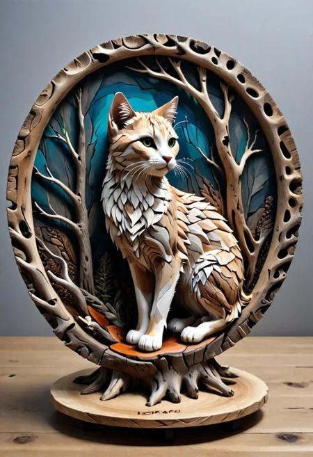round plate on a display stand, hand Carved, 3D forest, abstract art, Carving,  EPIC, <lora:3D_Framed_Wall_Art_-_By_DICE:0.4>, (3D Framed, Plate), UHD,  <lora:Driftwood_Detailed_Art_-_By_DICE:0.8> , driftwood cat