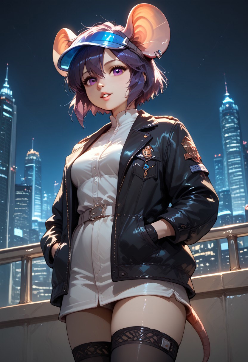 masterpiece, score_9, score_8_up, score_7_up, b3ck13m0us3, score_9, score_8_up, score_7_up, masterpiece, b3ck13m0us3 as kusanagi motoko, anime style, anime face, mouse, short purple hair, blue visor over eyes, fingerless gloves, black thighhighs, black jacket, jacket half undone, tail, purple eyes, mole on left cheek, eyes half closed, large oversized ear clip (((on left ear))), score_9, score_8_up, score_7_up, masterpiece,  railing, cityscape, night, detached somber expression, gorgeous,key visual, vibrant, studio anime,award-winning, professional, highly detailed,high budget, cinemascope, <lora:kusanagi-ponyxl-000009:1>  <lora:hand 5.5:0.75> , Parted lips, seductive expression,  (view from below, low angle view), hands in jacket pockets, lighting, volumetric lighting,  ((masterpiece)) (dynamic lighting:1.1) ((masterpiece)) godrays , fantasy, futuristic utopian city and environment, detailed landscape, extreme detailed, ( (dynamic lighting:1.1) ((masterpiece)) (dynamic lighting:1.1) ((masterpiece)) godrays, (highly detailed:1.2), (intricate:1.2), (best quality:1.2),(8k:1.2), (sharp:1.2), (majestic:1.2), natural lighting, detail++,