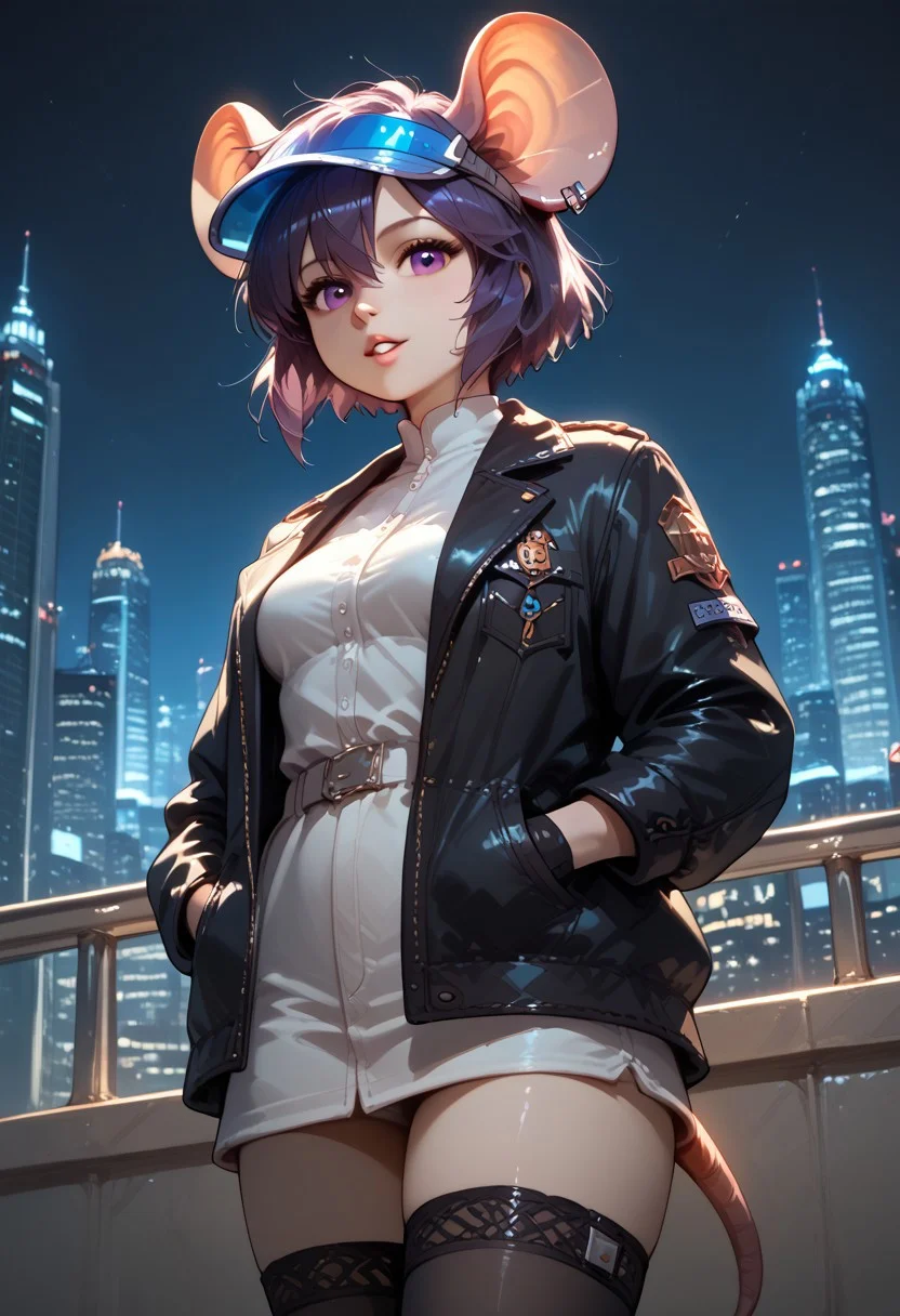 masterpiece, score_9, score_8_up, score_7_up, b3ck13m0us3, score_9, score_8_up, score_7_up, masterpiece, b3ck13m0us3 as kusanagi motoko, anime style, anime face, mouse, short purple hair, blue visor over eyes, fingerless gloves, black thighhighs, black jacket, jacket half undone, tail, purple eyes, mole on left cheek, eyes half closed, large oversized ear clip (((on left ear))), score_9, score_8_up, score_7_up, masterpiece, railing, cityscape, night, detached somber expression, gorgeous,key visual, vibrant, studio anime,award-winning, professional, highly detailed,high budget, cinemascope, <lora:kusanagi-ponyxl-000009:1> <lora:hand 5.5:0.75> , Parted lips, seductive expression, (view from below, low angle view), hands in jacket pockets, lighting, volumetric lighting, ((masterpiece)) (dynamic lighting:1.1) ((masterpiece)) godrays , fantasy, futuristic utopian city and environment, detailed landscape, extreme detailed, ( (dynamic lighting:1.1) ((masterpiece)) (dynamic lighting:1.1) ((masterpiece)) godrays, (highly detailed:1.2), (intricate:1.2), (best quality:1.2),(8k:1.2), (sharp:1.2), (majestic:1.2), natural lighting, detail++,