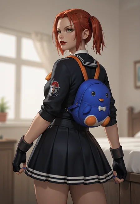 <lora:Schoolgirl_Rayne:0.5>, score_9, score_8_up, score_7_up,score_6_up, score_5_up, score_4_up, 1girl, solo, mature woman, bloodrayne, bowtie, fingerless gloves, dark blue nail polish, green eyes, red lipstick, redhead, serafuku, black skirt, twintails, looking at viewer, close up, rear view, blue plush penguin backpack, bedroom