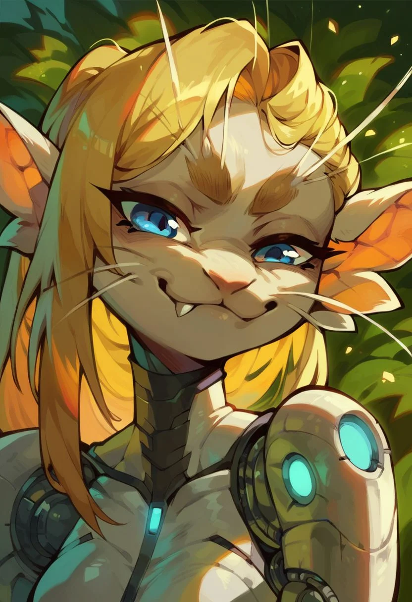 score_9, score_8_up, score_7_up, score_6_up, (ariral:1.1), female, white body, blonde hair, blue eyes, cute fangs, smug \:\3,whiskers, cybernetic suit