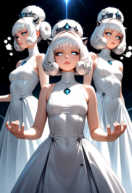 IllusP0s, 1girl, white hair, updo, big hair, blunt bangs, space princess, enigmatic moonlit clearing background, Multiple Perspectives, Playing Air Guitar Pose, fluffy white coat, arrogant expression, Stunning reflections, silver jewelry, sleeveless turtleneck dress, Wool Blends Fabric, gem hair ornament, biomechanical hair ornament, biomechanical, tubes, wires, blurry background, depth of field