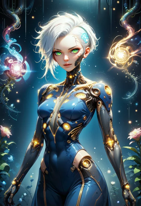 Score_9, score_8_up, score_7_up, score_6_up, score_5_up, score_4_up, runa, green eyes, white hair, short hair, 1girl, undercut, lumina, mystical, multicolored, glowing, magic swirling, glowing magical energy, flower, bloom, wisps, plants, fantasy setting, overgrown city, low light, dim light, dark cave, reelmech, mechanical parts, cable, female, humanoid robot, cyberpunk, cyborg, joints, mechanical arms, glowing eyes, mechanical legs, robot, magic flowing, magical binding, flowing through body, glowing podyparts, dynamic pose, hands in front, holding magic orb, <lora:Expressive_H:0.7>Expressiveh <lora:Reelmech_pony_ed_v1_3:0.6> <lora:Runa-V2:0.5> <lora:Selftrained\Lumina_Mystica:0.7> <lora:Kenva:0.6> knva, halftone effect, science fiction, retro artstyle