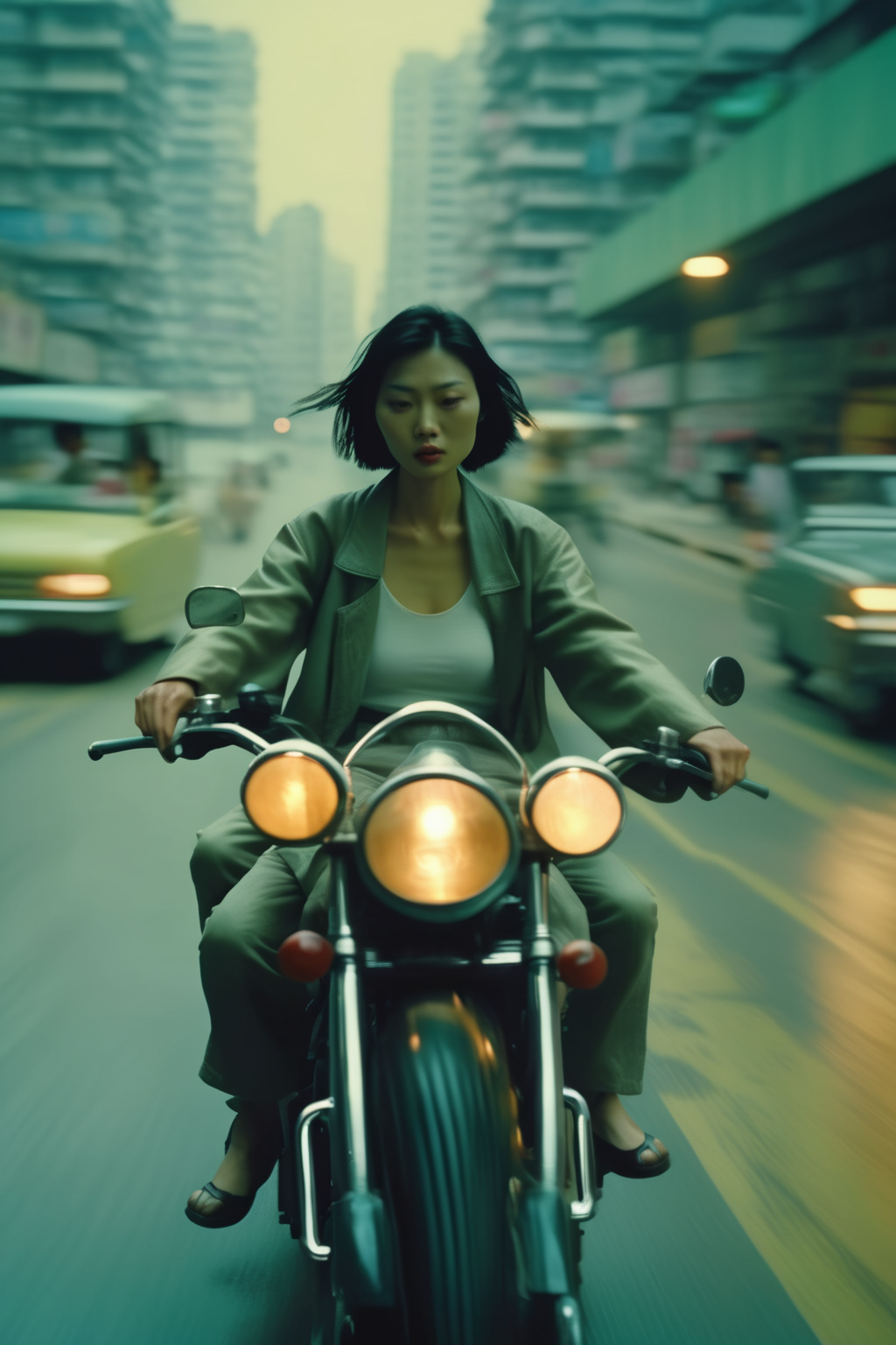 <lora:Director Park Chan-wook style:1>Director Park Chan-wook style - full shot, in the style of high speed film, Asian Couples ride motorcycles on the roadway, in Hong Kong old time, 90s, Hong Kong gangster movie, Young and photography film style in in the style of high speed film, movement and spontaneity captured, movement and spontaneity captured, muted colours, eclectic curatorial style, in the style of surrealist dreamlike scenes, i can't believe how beautiful this is, street scenes with vibrant colors, cinestill 50d