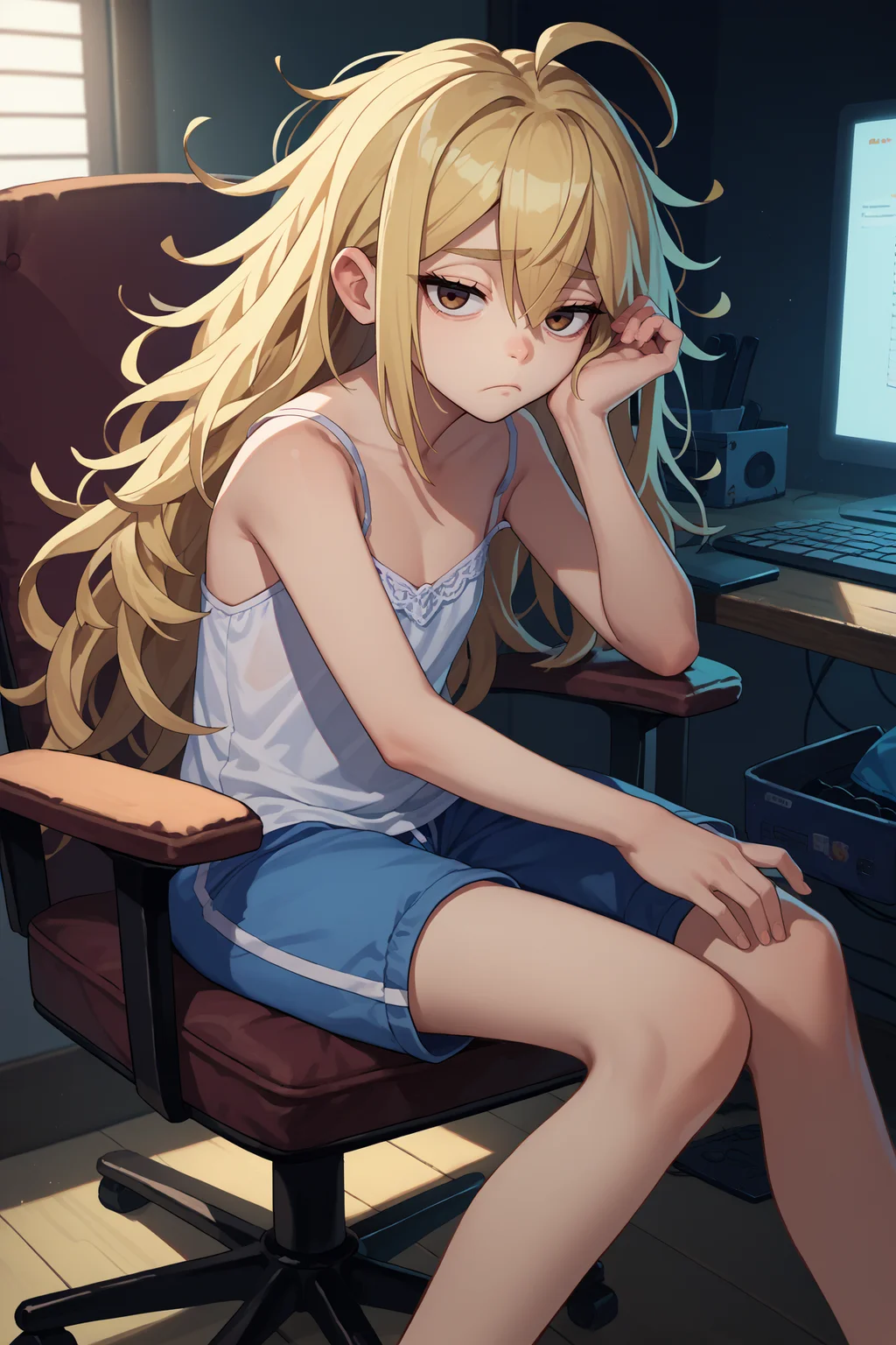 score_9, score_8_up, score_7_up, score_6_up, source_anime, 1girl, solo, <lora:rnfrau-pdxl-nvwls-v1-000005:1> rnFrau, blonde hair, long hair, brown eyes, messy hair, ahoge, white camisole, blue shorts, dark room, sitting, computer, chair, looking at you, tired, indoors