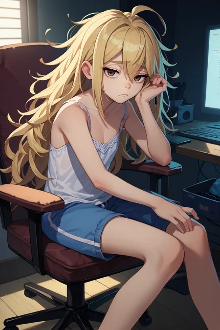 score_9, score_8_up, score_7_up, score_6_up, source_anime, 1girl, solo, <lora:rnfrau-pdxl-nvwls-v1-000005:1> rnFrau, blonde hair, long hair, brown eyes, messy hair, ahoge, white camisole, blue shorts, dark room, sitting, computer, chair, looking at you, tired, indoors