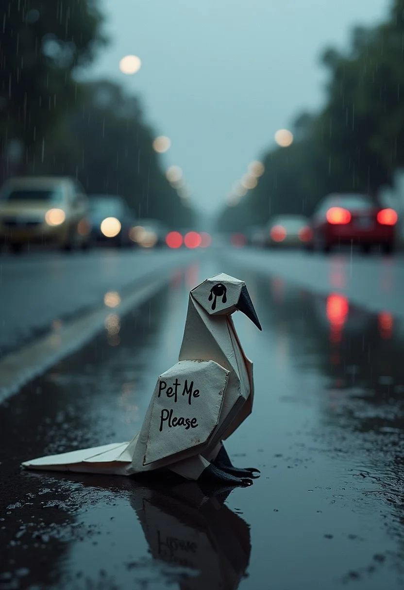 origami paper bird sitting on the road and crying, black ink tears from eyes, text on paper says "Pet Me Please", close-up, dark clouds, rain, water puddles and cars, street, emotional scene, realistic, cinematic lighting and dramatic atmosphere,